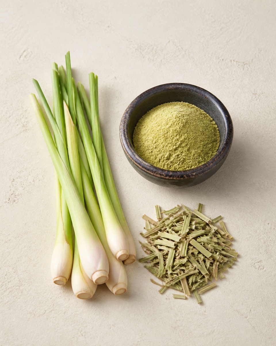 Fresh, dried and powdered lemongrass